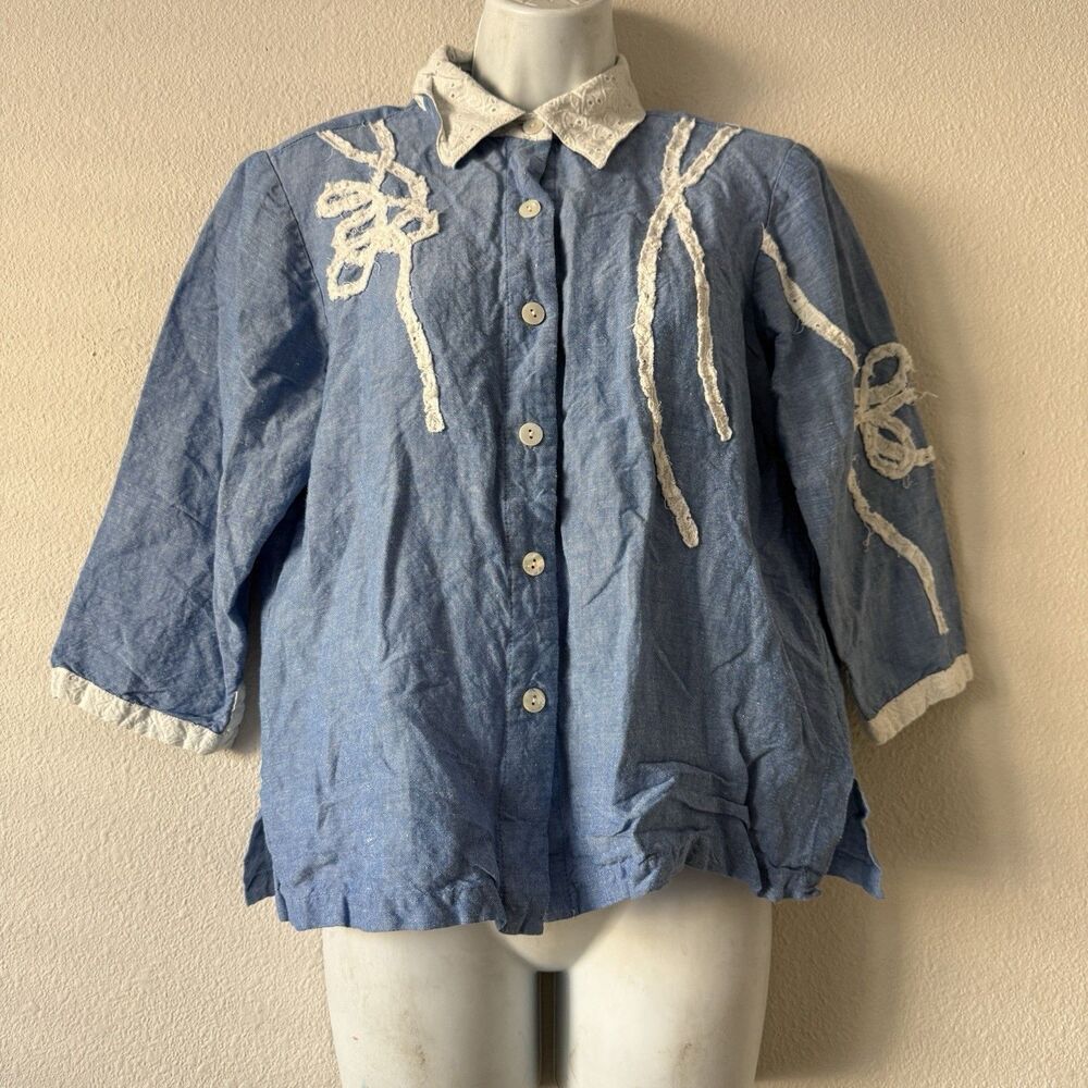 Koos of Course Button-Up Shirt Womens S Blue Chambray Eyelet Collar Boho